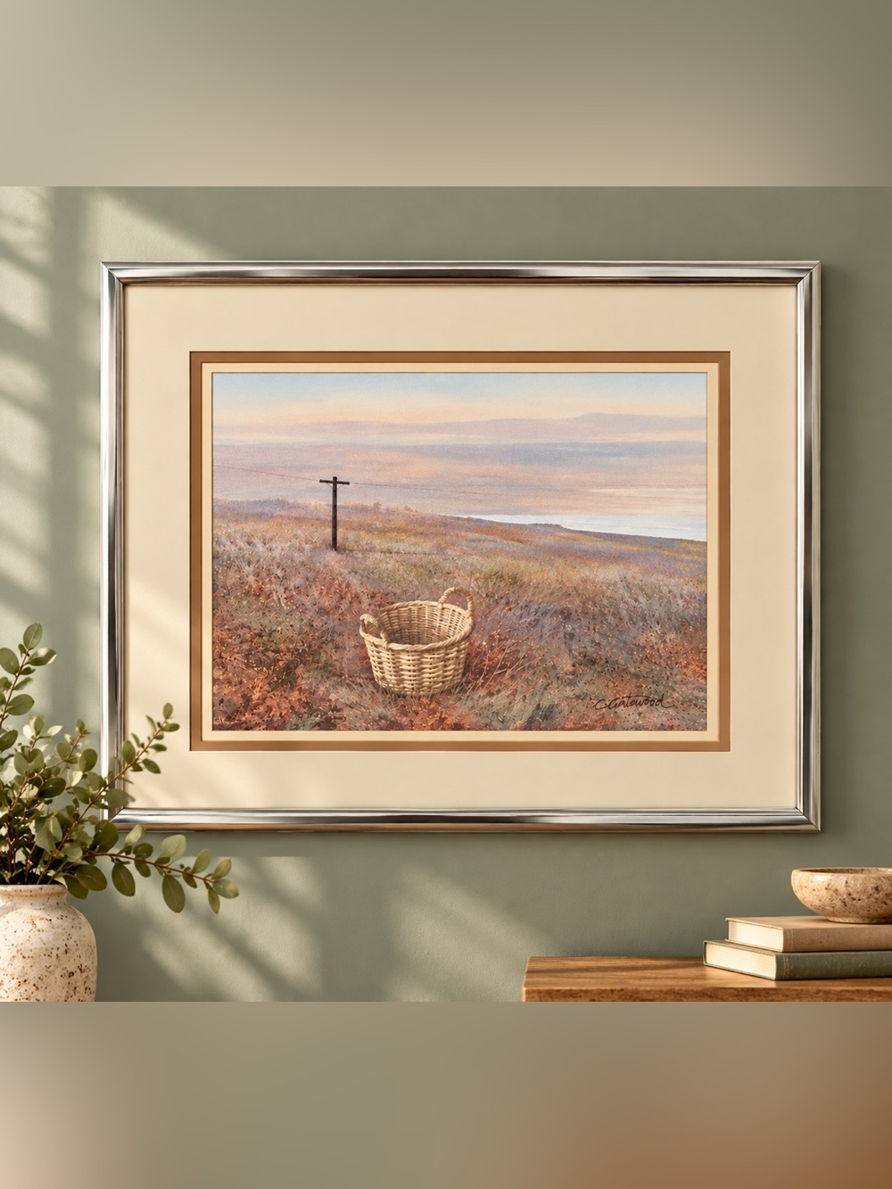 C. Gatewood Landscape Print Basket Field Silver Frame Field Sky Painting signed